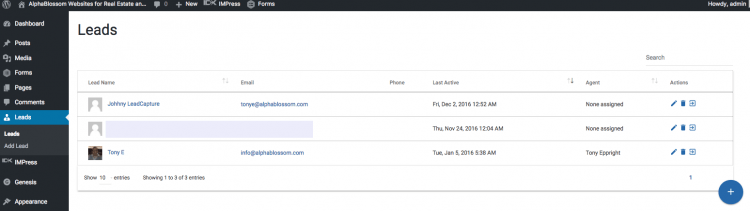 IMPress plugin's new WordPress admin lead management screen
